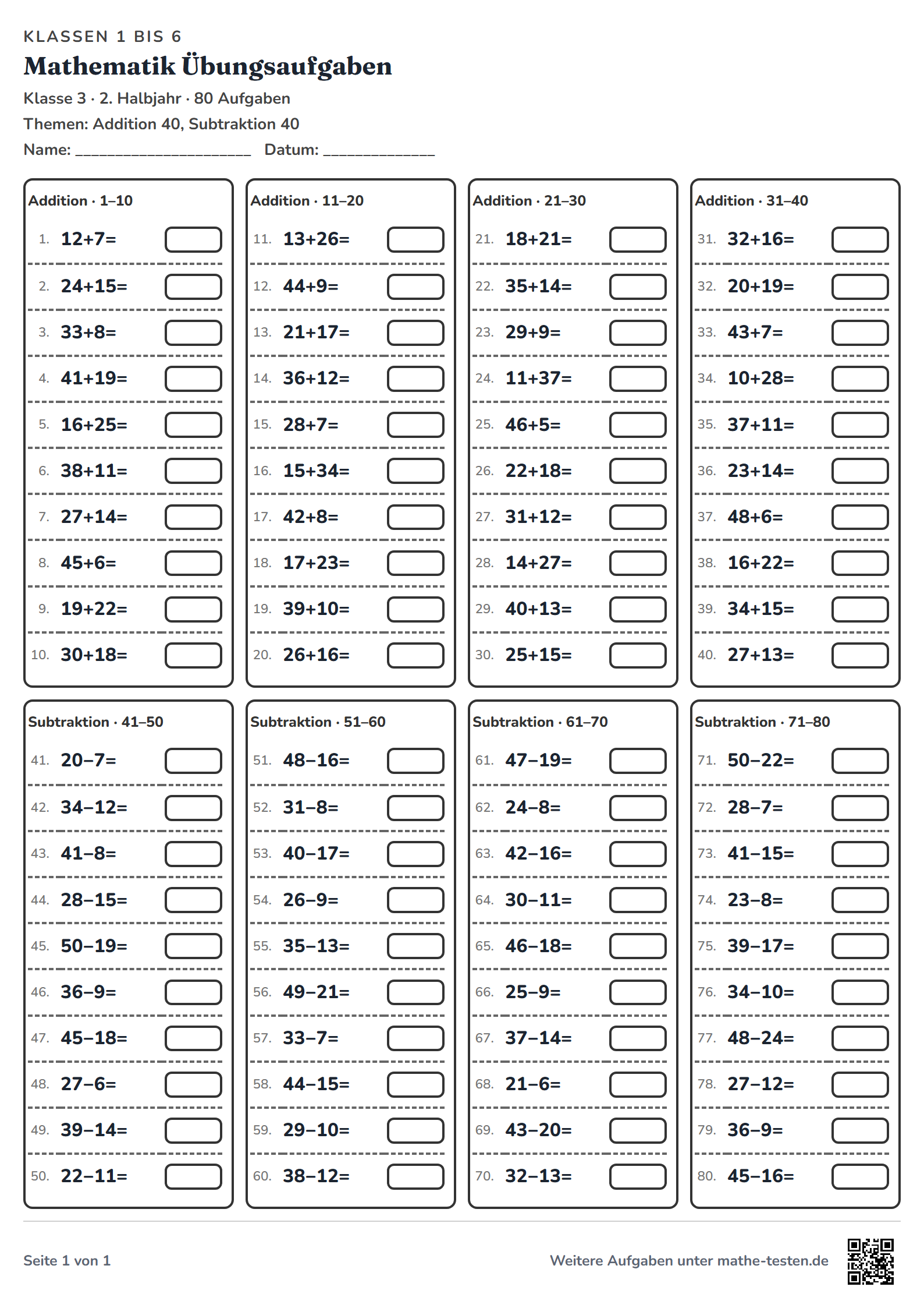 Beispiel-PDF: Übungsblatt Klasse 3 mit 80 Plus- und Minusaufgaben in acht Kästen, Name und Datum oben, QR-Code unten.